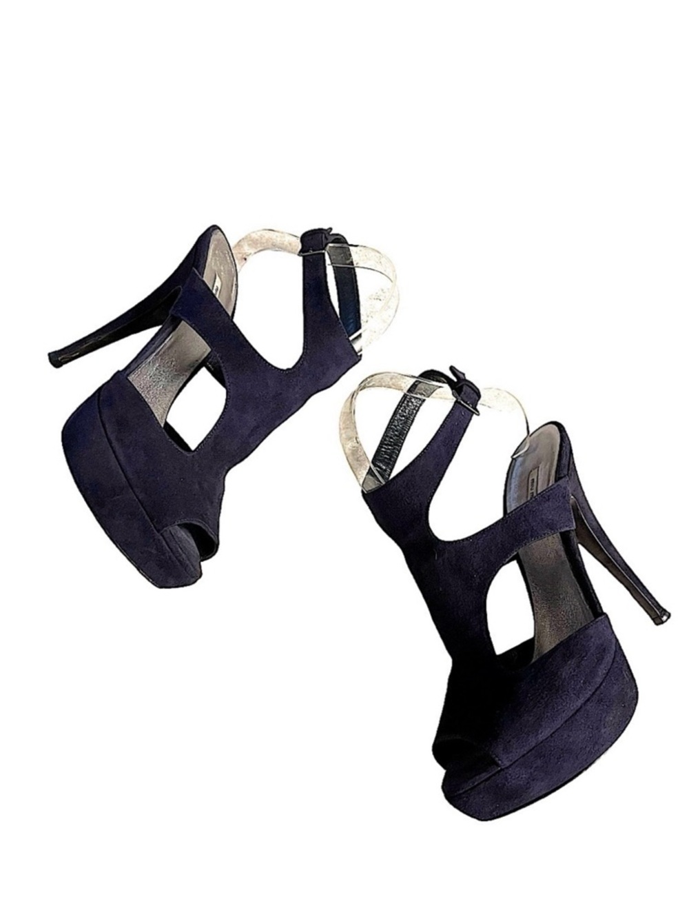 Miu Miu Dark Navy Blue Suede Double Strap Platform Stiletto Heels Size 38